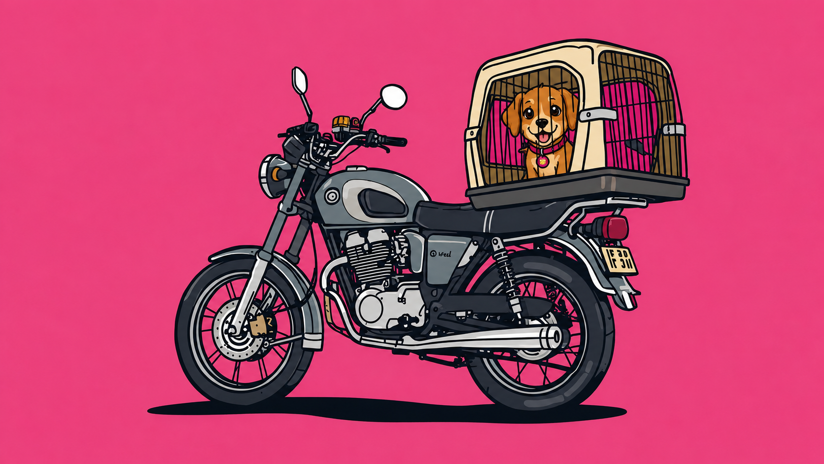 Ilustración de transporte de mascotas en motocicleta con guacal